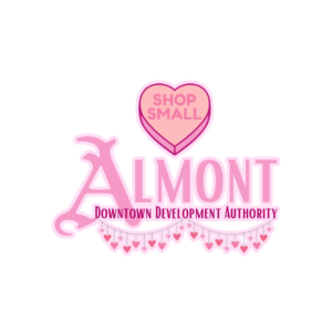 Almont Downtown Development Authority logo, shop small promotion.