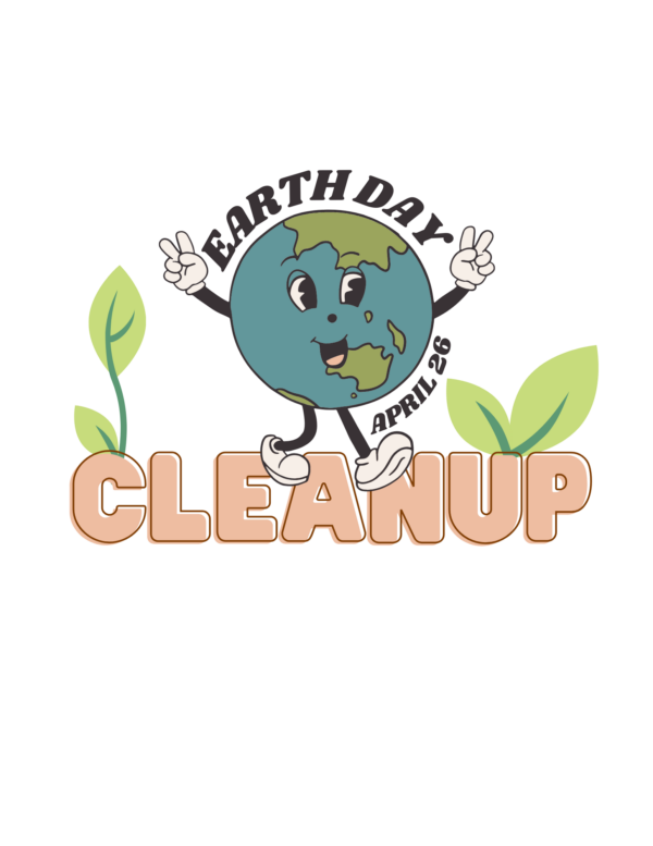 Earth Day cleanup illustration with globe cartoon.